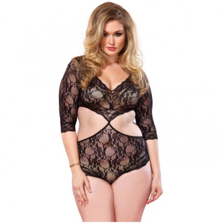 LEG AVENUE CUT OUT FLORAL LACE TEDDY PLUS SIZE