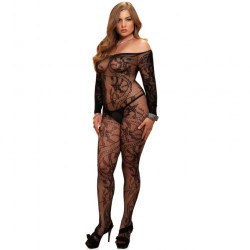 LEG AVENUE SPIRAL LACE BODYSTOCKING BLACK PLUS SIZE