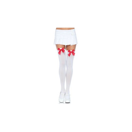 LEG AVENUE NYLON THIGH HIGHS WITH BOW WHITE / RED