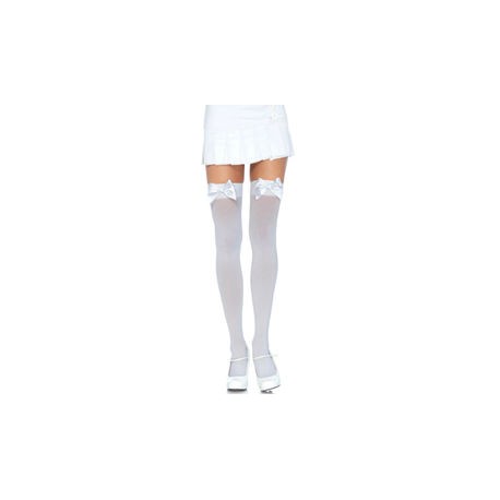 LEG AVENUE NYLON THIGH HIGHS WITH BOW WHITE / WHITE