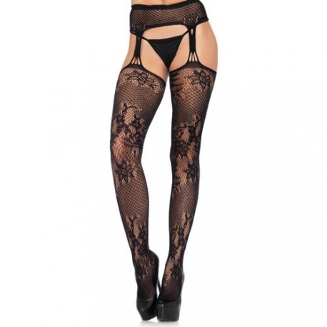 LEG AVENUE ALLURE NET GARTERBELT STOCKINGS WITH FLORAL PATTERN ONE SIZE